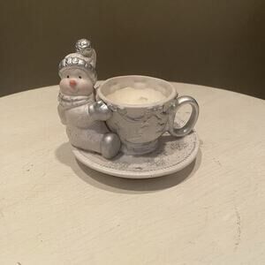 Vintage Flomo Unlimited Snowman Hugging Teacup‎ With Candle